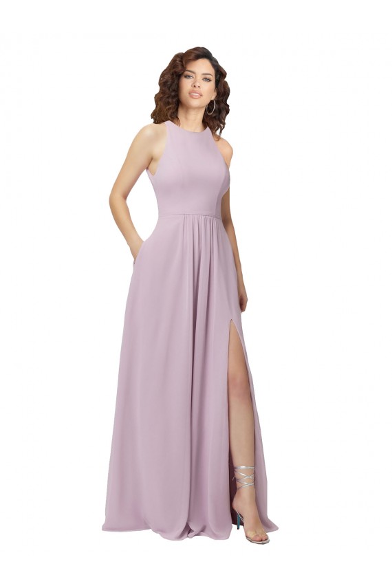 Resplandor rosa línea A Halter Cuello Alto Gasa Largo Vestidos de dama de honor Outlet