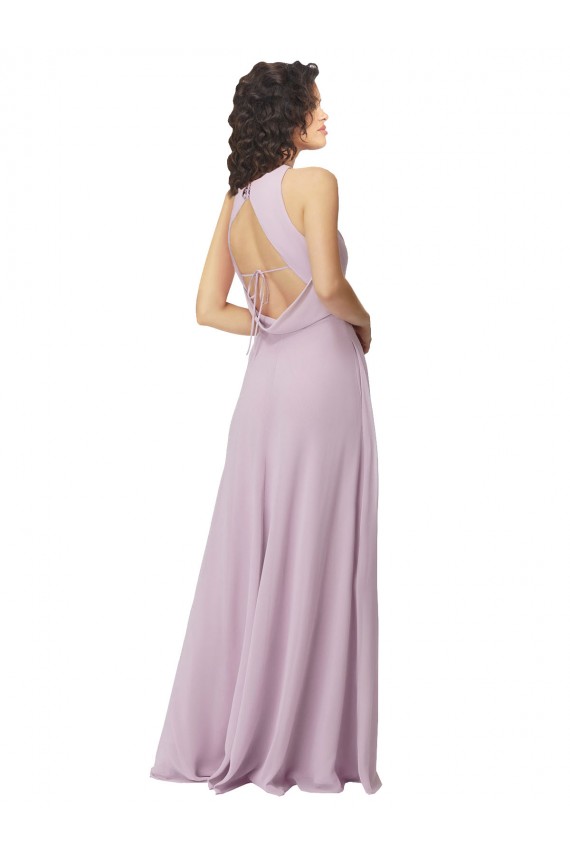 Resplandor rosa línea A Halter Cuello Alto Gasa Largo Vestidos de dama de honor Outlet