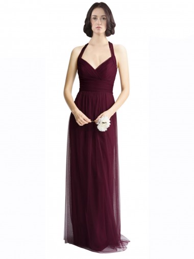 Rojo 74 línea A Halter Cuello en V Tul Largo Vestidos de dama de honor Outlet