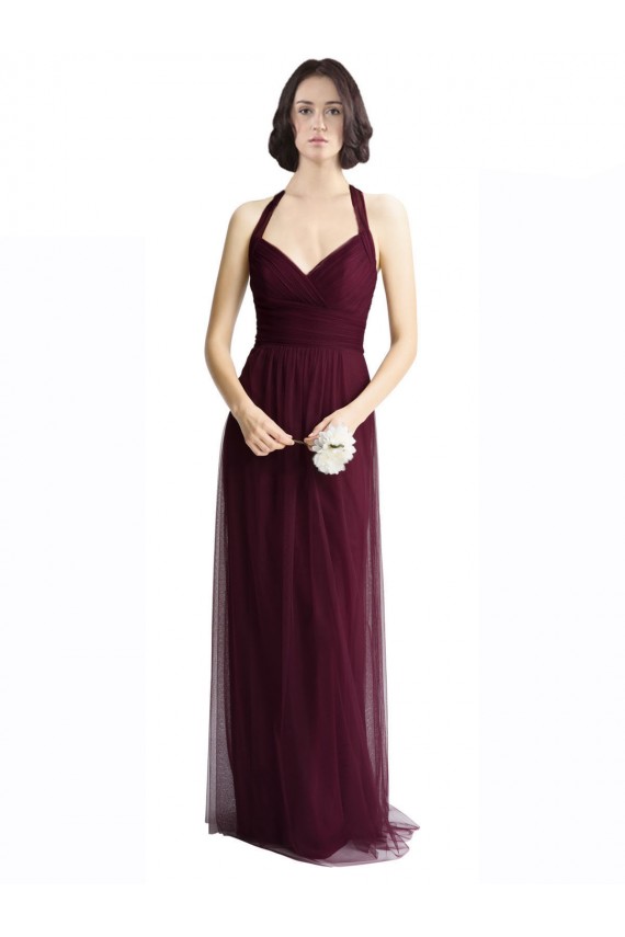 Rojo 74 línea A Halter Cuello en V Tul Largo Vestidos de dama de honor Outlet