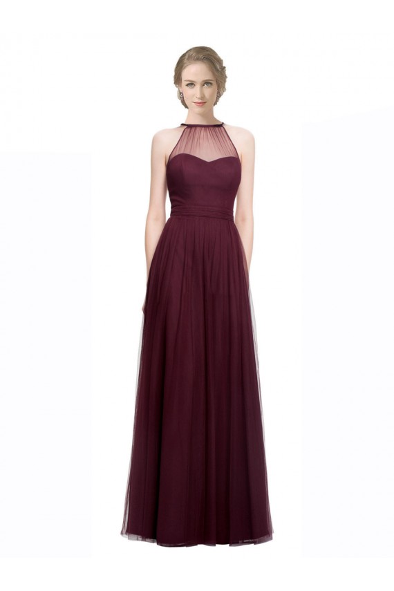 Rojo 74 línea A Halter Ilusión Tul Largo Vestidos de dama de honor Outlet