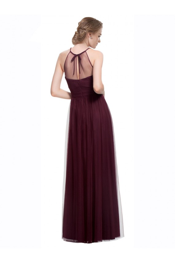 Rojo 74 línea A Halter Ilusión Tul Largo Vestidos de dama de honor Outlet