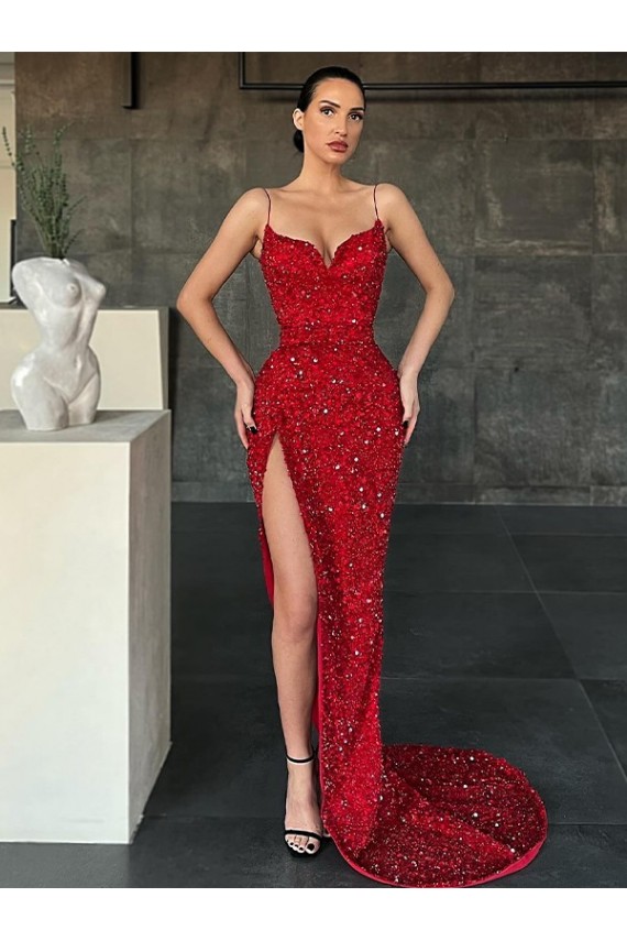 Rojo Cubierta Cuello en V Barrer tren Lentejuelas Terciopelo Largo Vestidos de fiesta Outlet