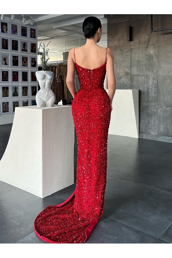 Rojo Cubierta Cuello en V Barrer tren Lentejuelas Terciopelo Largo Vestidos de fiesta Outlet
