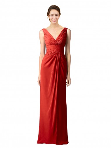 Rojo Cubierta Cuello en V Gasa Largo Vestidos de dama de honor Outlet