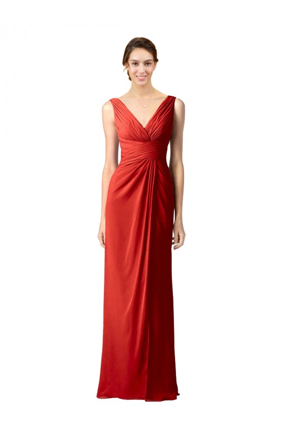 Rojo Cubierta Cuello en V Gasa Largo Vestidos de dama de honor Outlet