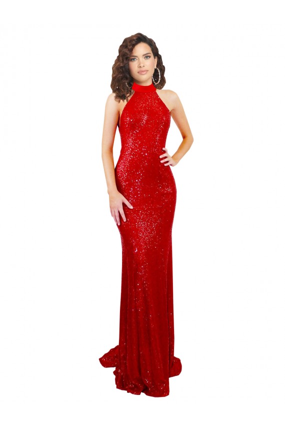 Rojo Sirena Halter Cuello Alto Lentejuela Largo Formales Vestidos de dama de honor / Vestidos de fiesta Outlet