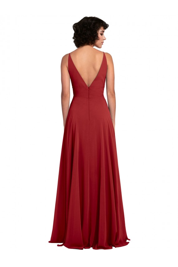 Rojo línea A Cuello en V Gasa Largo Vestidos de dama de honor Outlet