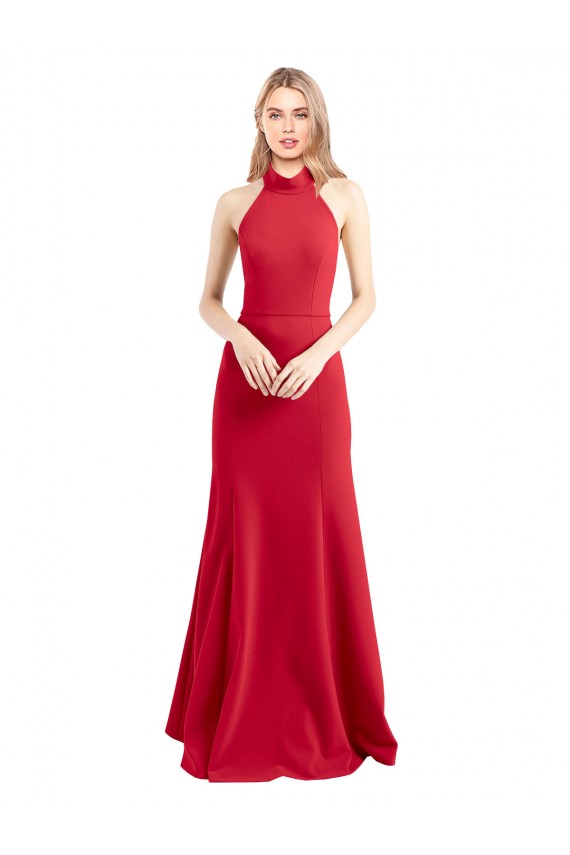 Rojo línea A Halter Cuello Alto Crepé Elástico Largo Formales Vestidos de dama de honor / Vestidos de fiesta Outlet