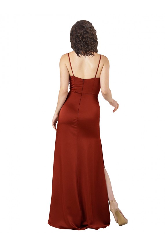 Rojo línea A Tirantes espagueti Cuadrado Satén sedoso Largo Formales Vestidos de dama de honor / Vestidos de fiesta Outlet
