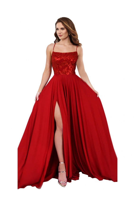 Rojo línea A Tirantes espagueti Cuadrado Spandex Encaje Largo Vestidos de dama de honor / Vestidos de fiesta Outlet