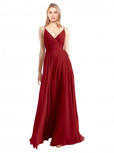 Rojo línea A Tirantes espagueti Cuello en V Gasa Largo Vestidos de dama de honor Outlet