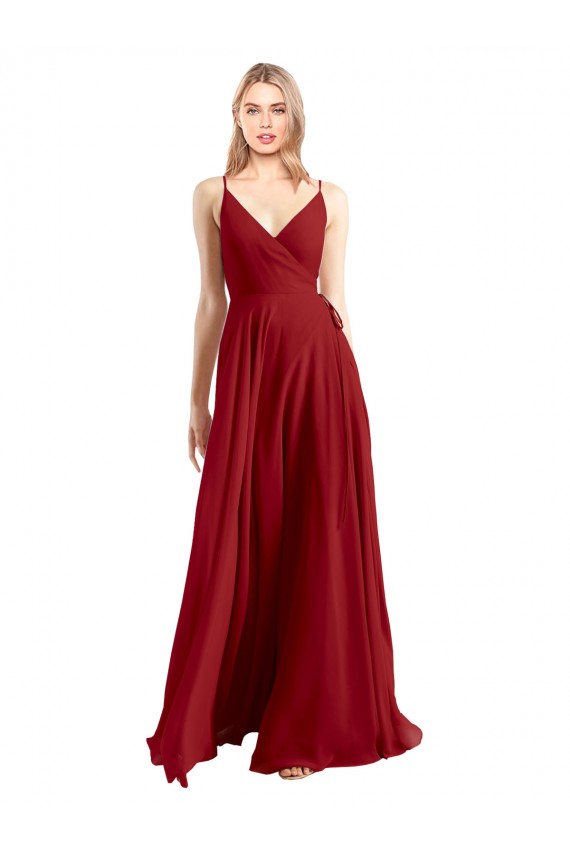 Rojo línea A Tirantes espagueti Cuello en V Gasa Largo Vestidos de dama de honor Outlet