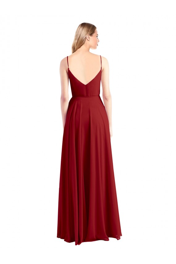 Rojo línea A Tirantes espagueti Cuello en V Gasa Largo Vestidos de dama de honor Outlet