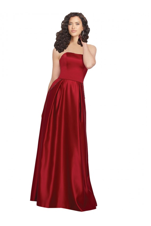 Rojo oscuro línea A Sin tirantes Satén Largo Vestidos de dama de honor / Vestidos de fiesta Outlet