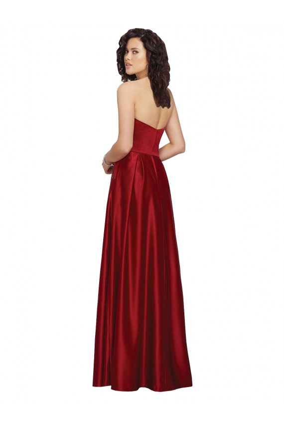 Rojo oscuro línea A Sin tirantes Satén Largo Vestidos de dama de honor / Vestidos de fiesta Outlet