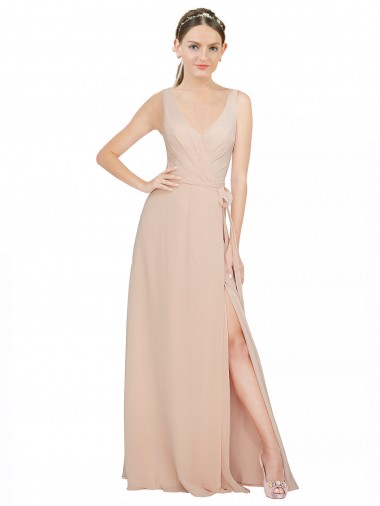 Rosa 114 línea A Cuello en V Gasa Largo Vestidos de dama de honor Outlet
