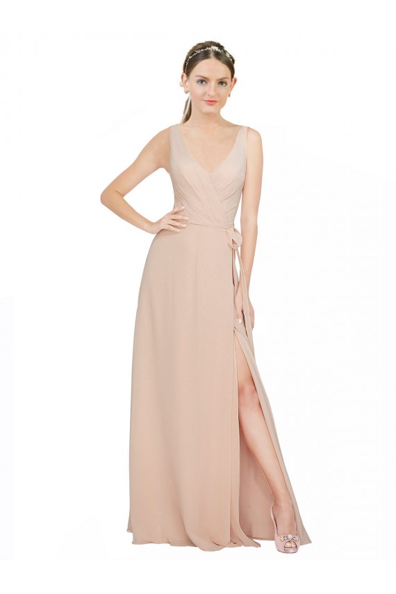 Rosa 114 línea A Cuello en V Gasa Largo Vestidos de dama de honor Outlet