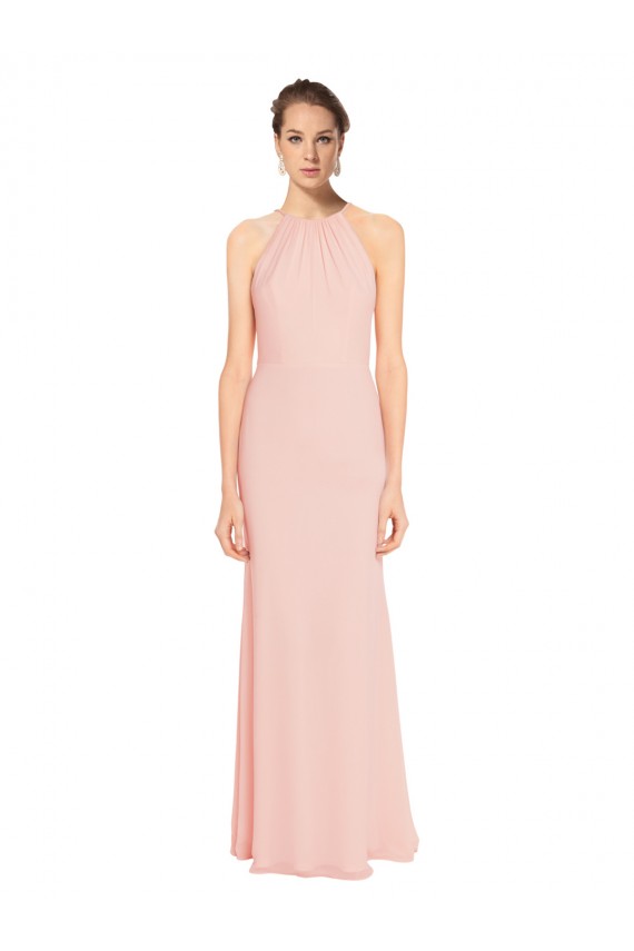 Rosa 114 línea A Tirantes espagueti Halter Gasa Largo Vestidos de dama de honor Outlet