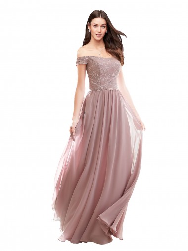 Rosa 147 línea A Hombros Descubiertos Gasa Encaje Largo Vestidos de dama de honor Outlet