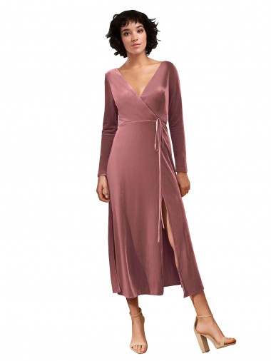 Rosa Canela línea A Cuello en V Midi Terciopelo Elástico Corto Vestidos de dama de honor / Vestidos de fiesta Outlet