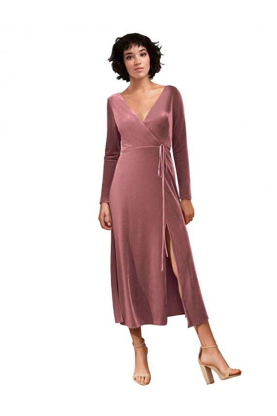Rosa Canela línea A Cuello en V Midi Terciopelo Elástico Corto Vestidos de dama de honor / Vestidos de fiesta Outlet