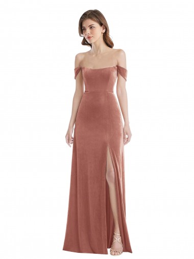 Rosa Canela línea A Hombros Descubiertos Terciopelo Elástico Largo Vestidos de dama de honor / Vestidos de fiesta Outlet