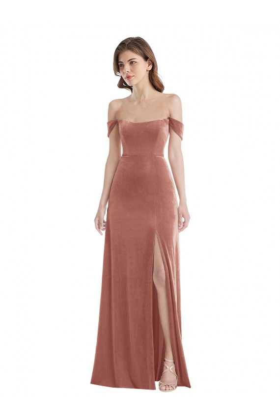 Rosa Canela línea A Hombros Descubiertos Terciopelo Elástico Largo Vestidos de dama de honor / Vestidos de fiesta Outlet