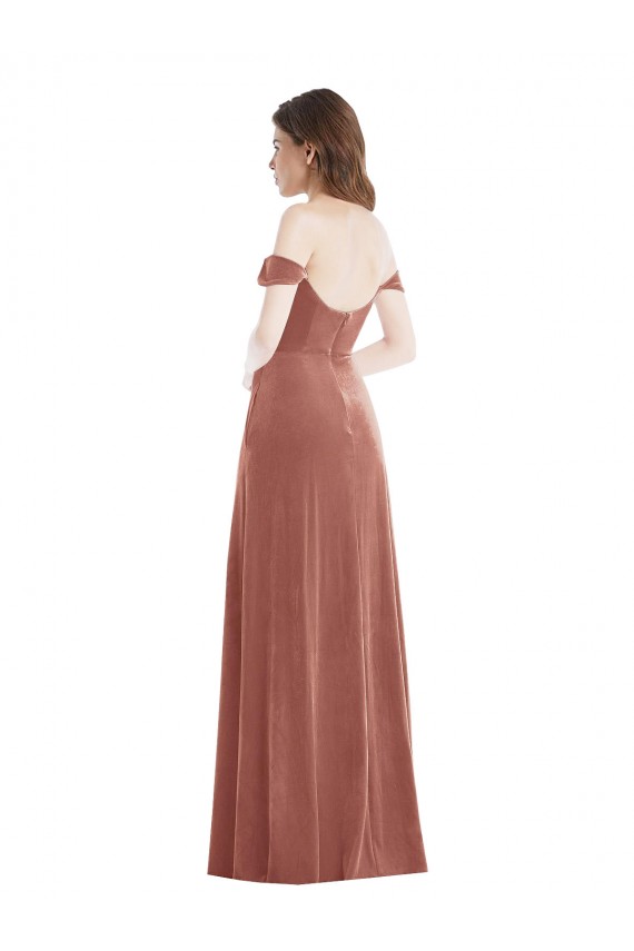 Rosa Canela línea A Hombros Descubiertos Terciopelo Elástico Largo Vestidos de dama de honor / Vestidos de fiesta Outlet