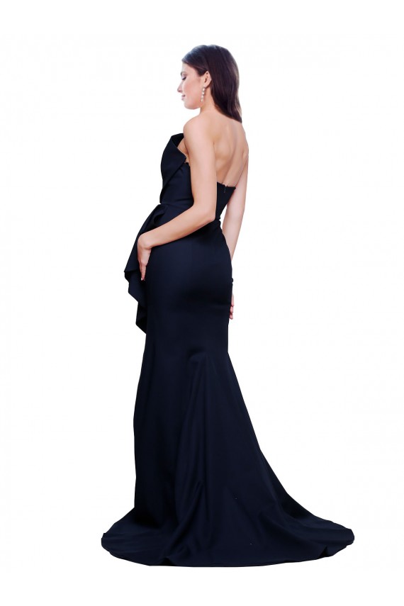 Azul marina oscuro Cubierta Sin tirantes Barrer tren Crepé Elástico Largo Vestidos de dama de honor / Vestidos de fiesta Outlet