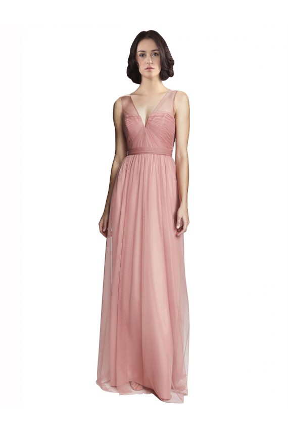 Rosa Rosa línea A Cuello en V Tul Largo Vestidos de dama de honor Outlet