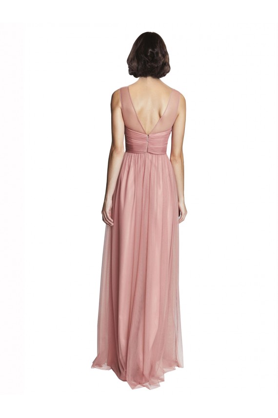 Rosa Rosa línea A Cuello en V Tul Largo Vestidos de dama de honor Outlet