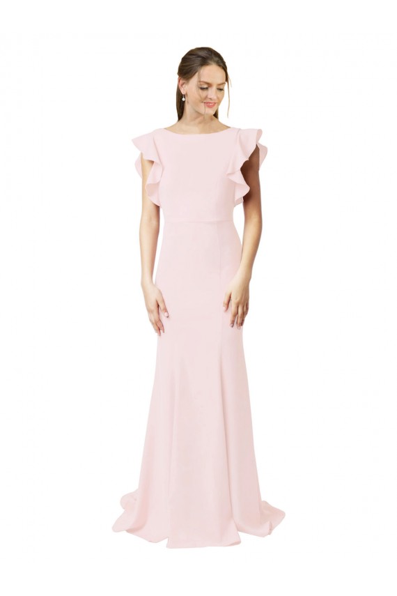 Rosa Sirena Cuello joya Barrer tren Crepé Elástico Largo Vestidos de dama de honor / Vestidos de fiesta Outlet