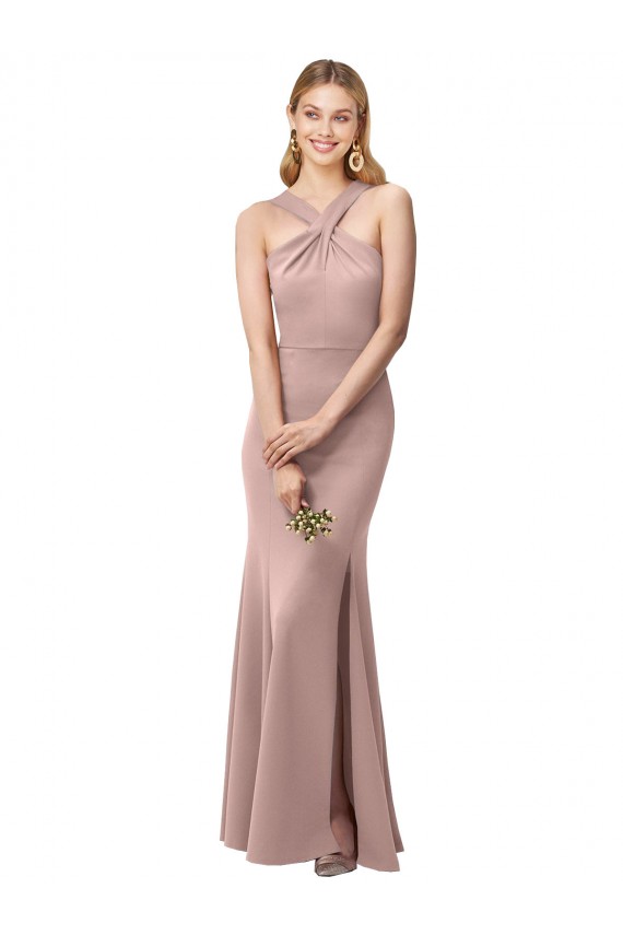 Rosa empolvado Cubierta Halter Cuello Alto Crepé Elástico Largo Vestidos de dama de honor / Vestidos de fiesta Outlet
