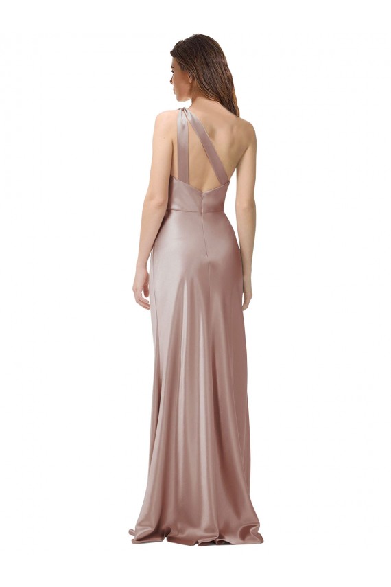 Rosa empolvado Cubierta Un Hombre Satén elástico Largo Formales Vestidos de dama de honor / Vestidos de fiesta Outlet