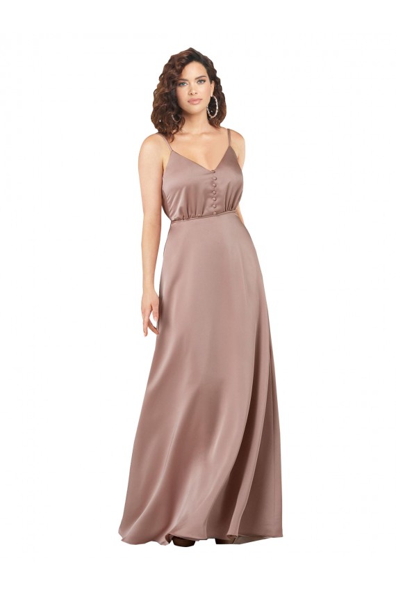Rosa empolvado línea A Cuello en V Cuello de Corazón Satén sedoso Largo Formales Vestidos de dama de honor / Vestidos de noche Outlet