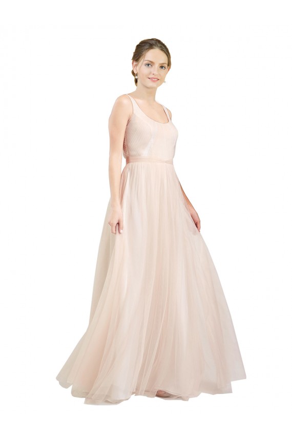 Rosa línea A Cucharón Tul Largo Vestidos de dama de honor Outlet