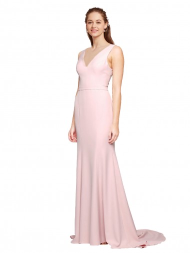 Rosa línea A Cuello en V Barrer tren Crepé Elástico Largo Vestidos de dama de honor / Vestidos de fiesta Outlet
