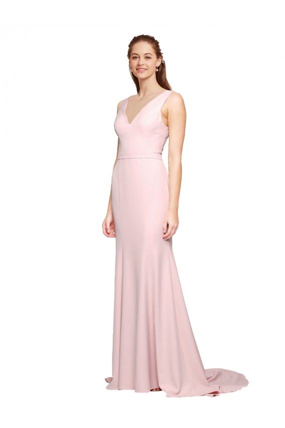 Rosa línea A Cuello en V Barrer tren Crepé Elástico Largo Vestidos de dama de honor / Vestidos de fiesta Outlet