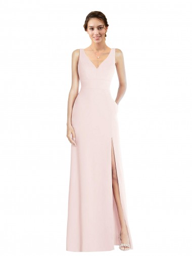 Rosa línea A Cuello en V Crepé Elástico Largo Vestidos de dama de honor / Vestidos de fiesta Outlet
