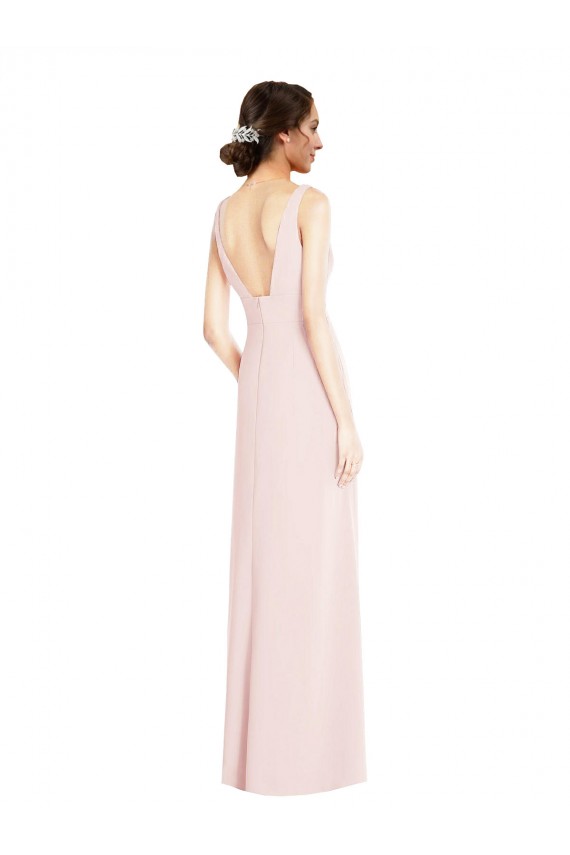 Rosa línea A Cuello en V Crepé Elástico Largo Vestidos de dama de honor / Vestidos de fiesta Outlet