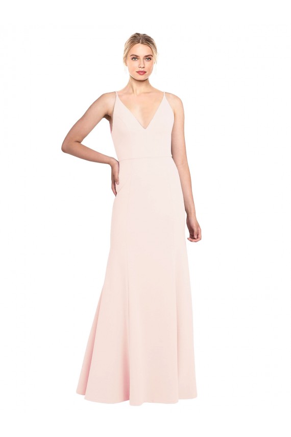 Rosa línea A Cuello en V Cuello Alto Crepé Elástico Largo Formales Vestidos de dama de honor / Vestidos de fiesta Outlet