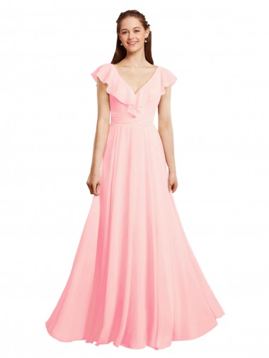 Rosa línea A Cuello en V Gasa Largo Vestidos de dama de honor Outlet