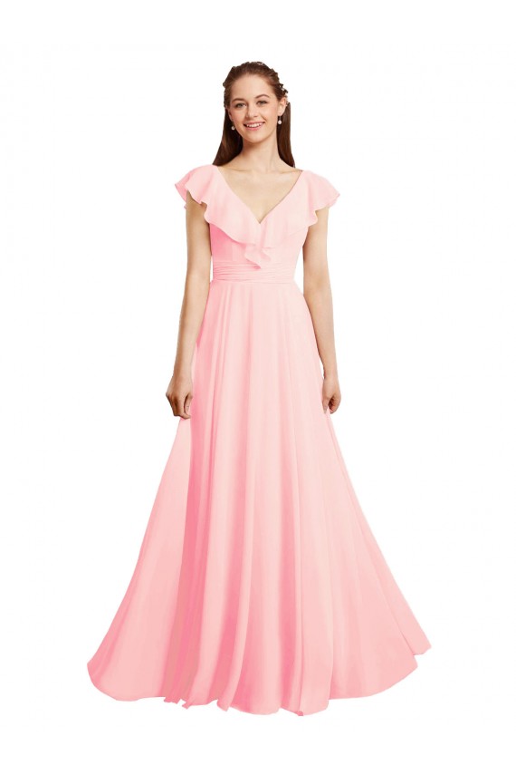 Rosa línea A Cuello en V Gasa Largo Vestidos de dama de honor Outlet