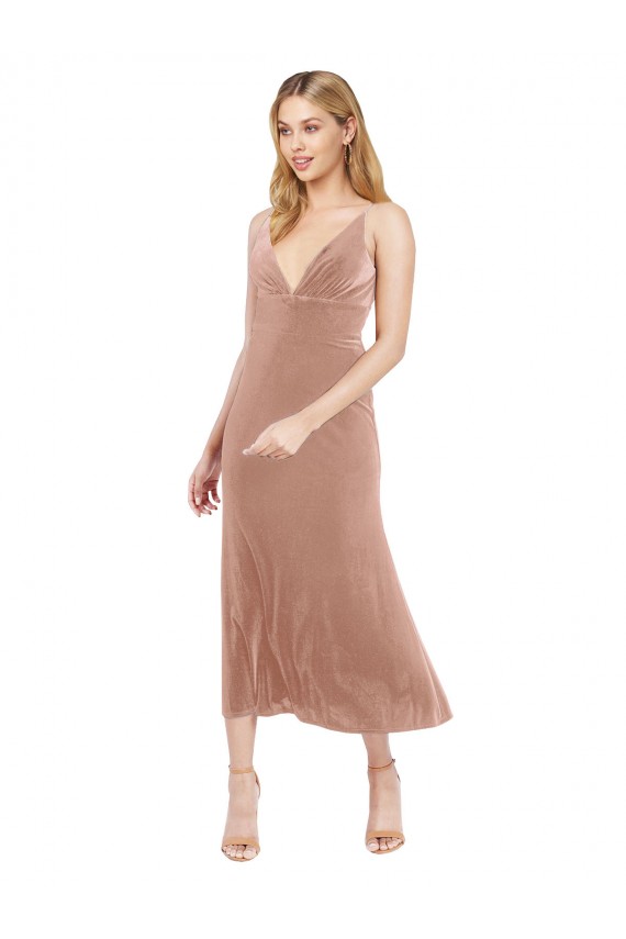 Rosa línea A Cuello en V Midi Terciopelo Elástico Corto Vestidos de dama de honor / Vestidos de fiesta / Vestidos de cóctel Outlet
