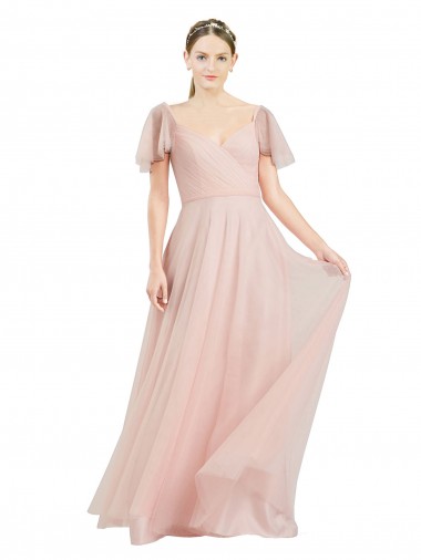 Rosa línea A Cuello en V Tul Largo Vestidos de dama de honor Outlet