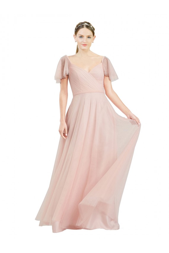 Rosa línea A Cuello en V Tul Largo Vestidos de dama de honor Outlet
