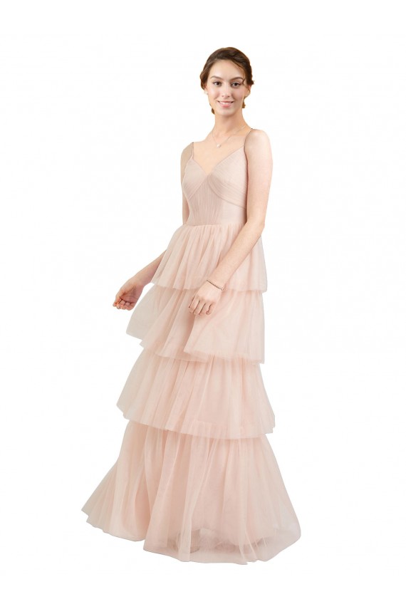 Rosa línea A Cuello en V Tul Largo Vestidos de dama de honor Outlet