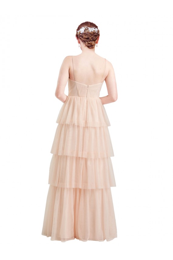 Rosa línea A Cuello en V Tul Largo Vestidos de dama de honor Outlet