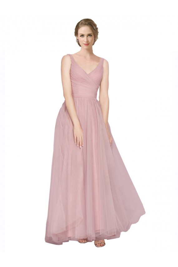 Rosa línea A Cuello en V Tul Largo Vestidos de dama de honor Outlet